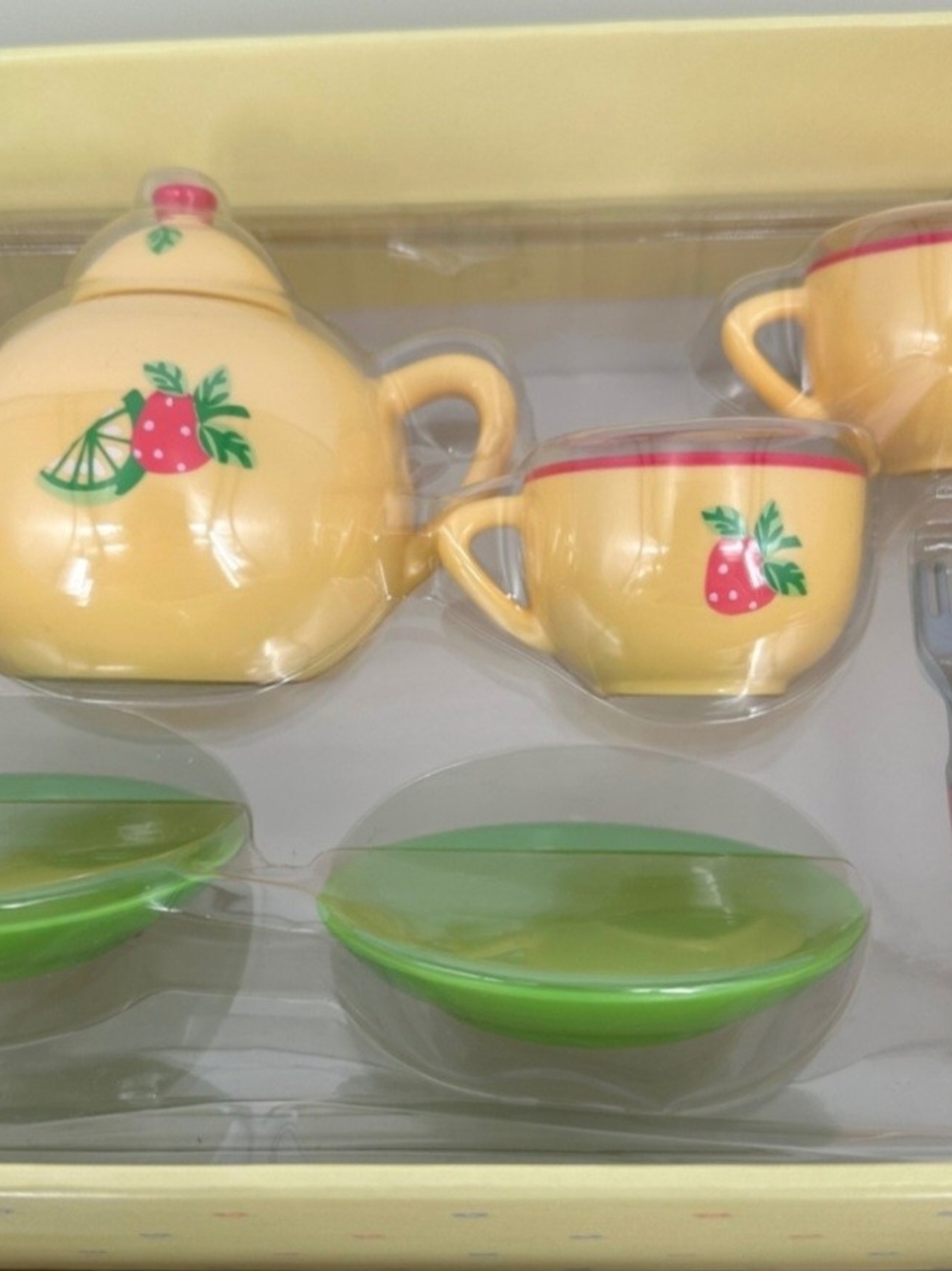 Yellow Strawberry Ceramic Tea Set with Green Saucers - Brand:AMERICAN GIRL